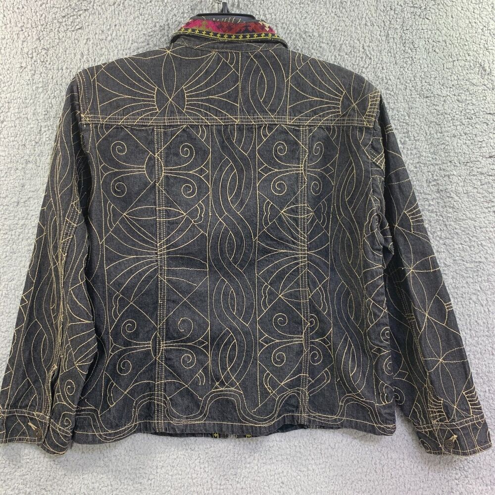 Chicos Denim Jacket Tribal Art Zip Cotton sz 2/ Large 12 Embroidered - Picture 5 of 13